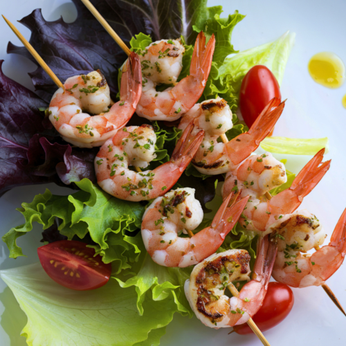 Fresh grilled shrimp skewers served on a bed of greens at the Elements of the Soul Retreat by Eclectic Lyfe LLC